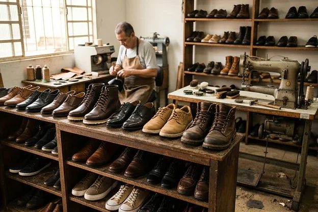 Conjunto de sapatos em bom estado, mostrando cuidados e manutenção adequados, em um sapateiro de Passos.