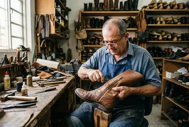 Sapateiro ajustando o zíper de uma bota com foco nos detalhes.