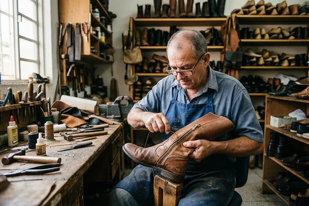 Sapateiro ajustando o zíper de uma bota com foco nos detalhes.