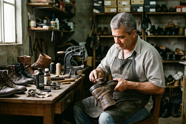 Sapateiro aplicando impermeabilizante em um par de botas, destacando o cuidado no processo.